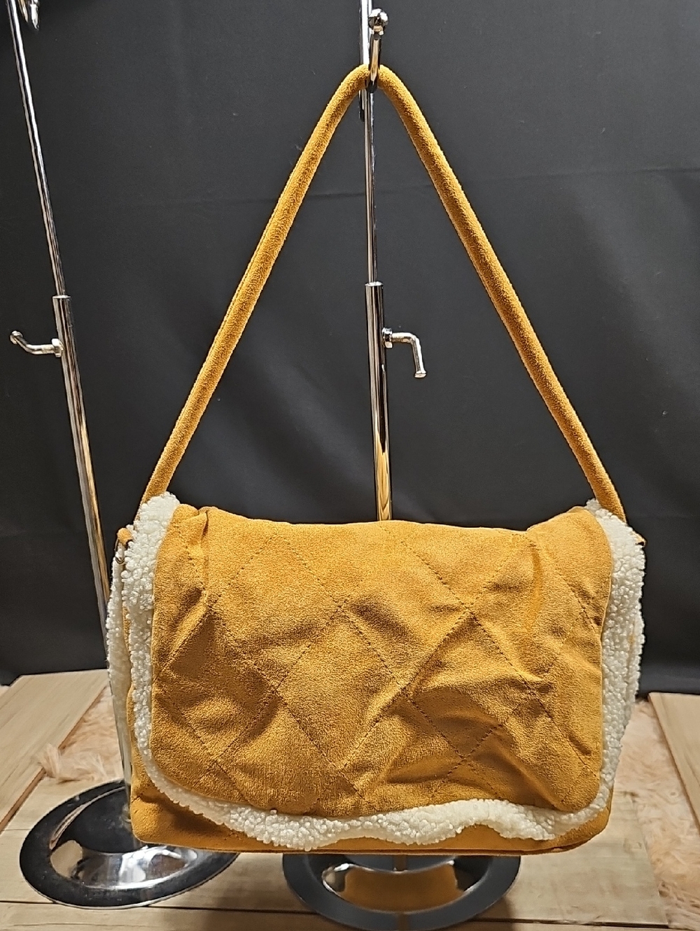 Suede Sherpa Shoulder Bag in Mustard Yellow